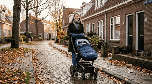 Een ouder maakt een wandeling met de kinderwagen en houdt ondertussen de handen warm met een handmof.