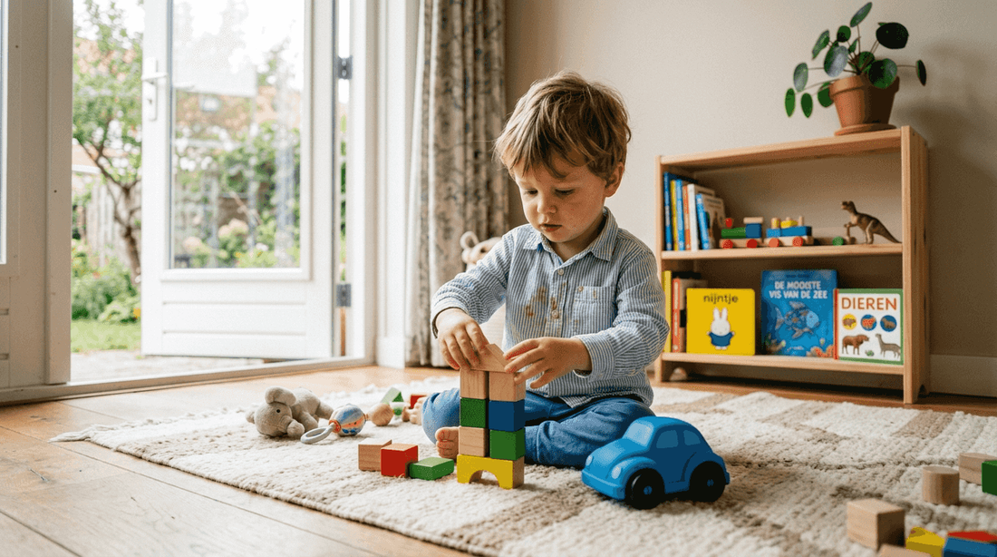 Een peuter bouwt onbezorgd met houten blokken.