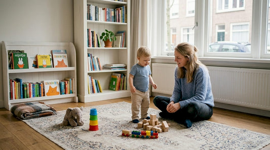 Een ouder en kind die samen spelen met veilig speelgoed.