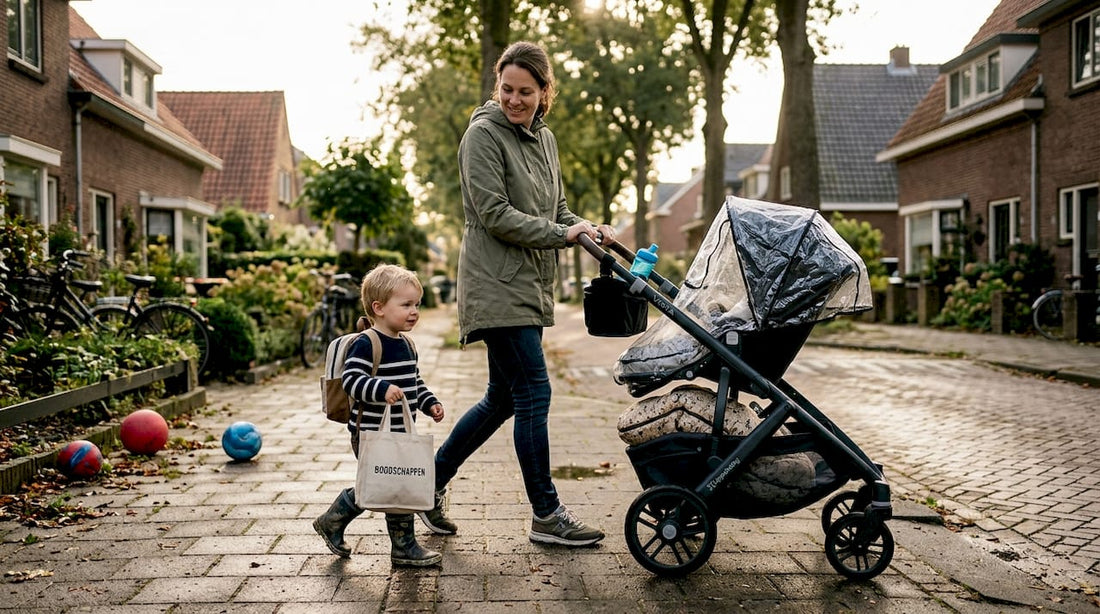 Moeder duwt kinderwagen, tot de rand gevuld met handige spullen