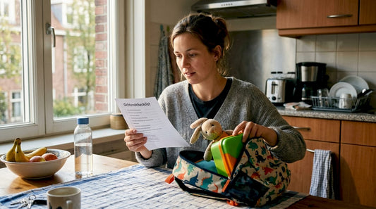 Een moeder staat ’s ochtends in de keuken de tas voor het kinderdagverblijf klaar te maken.
