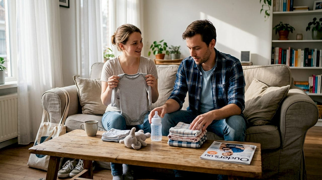 Ouders zijn in de woonkamer bezig met het uitzoeken van babyspullen.