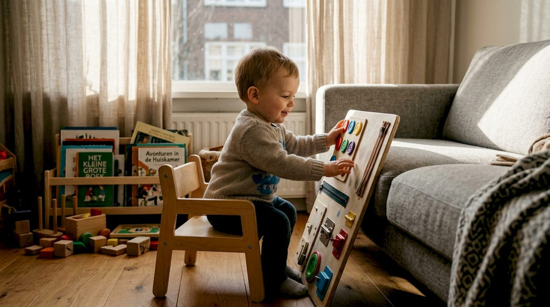 In de woonkamer zit een peuter heerlijk te spelen met een leerbord.