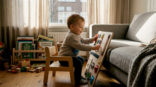 In de woonkamer zit een peuter heerlijk te spelen met een leerbord.
