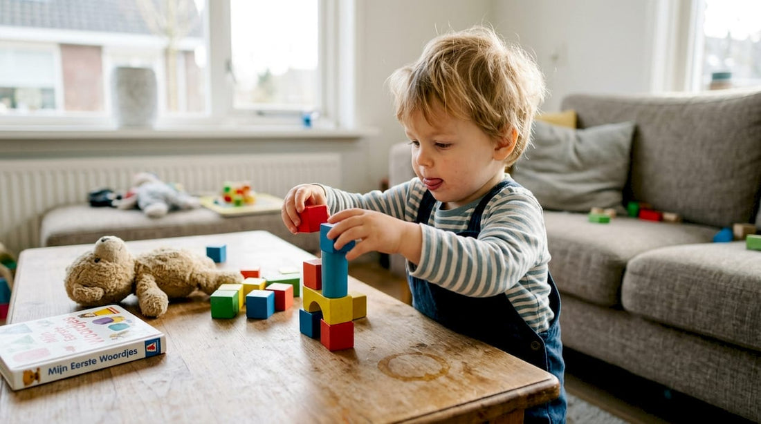 Een peuter bouwt een toren van blokken midden in de woonkamer.