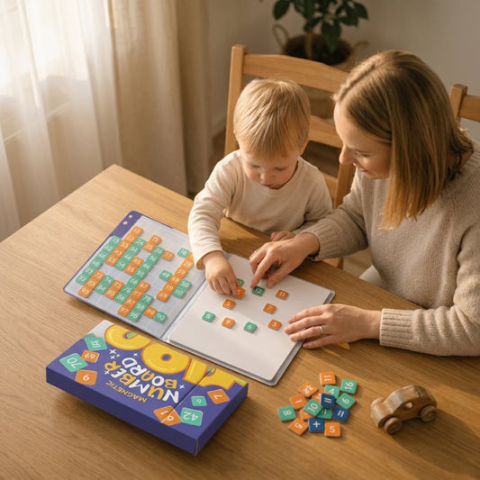 Peuter leert cijfers met een magnetisch leerbord aan de eettafel