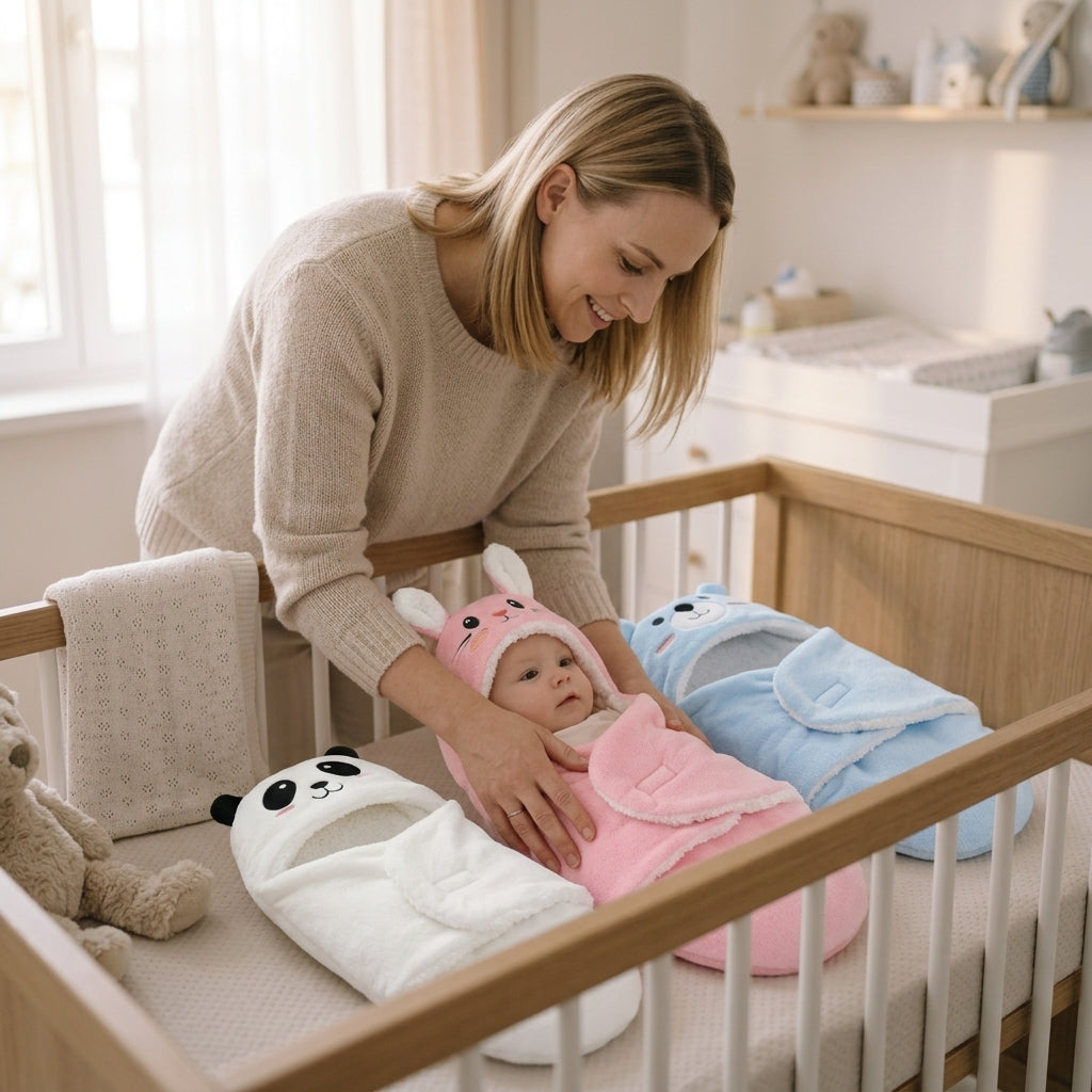 Moeder legt haar baby in een zachte babyslaapzak in de wieg