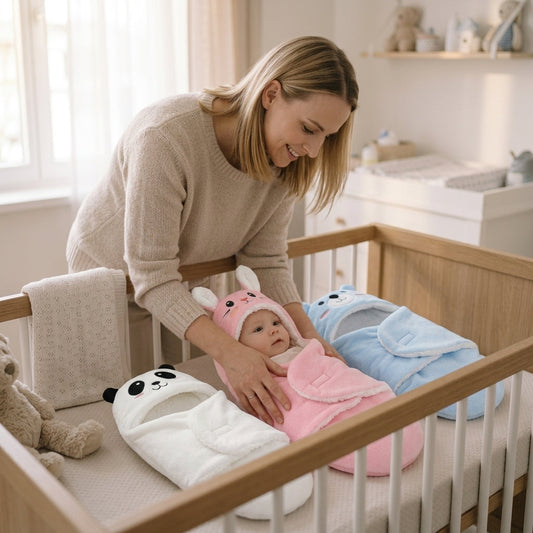 Moeder legt haar baby in een zachte babyslaapzak in de wieg