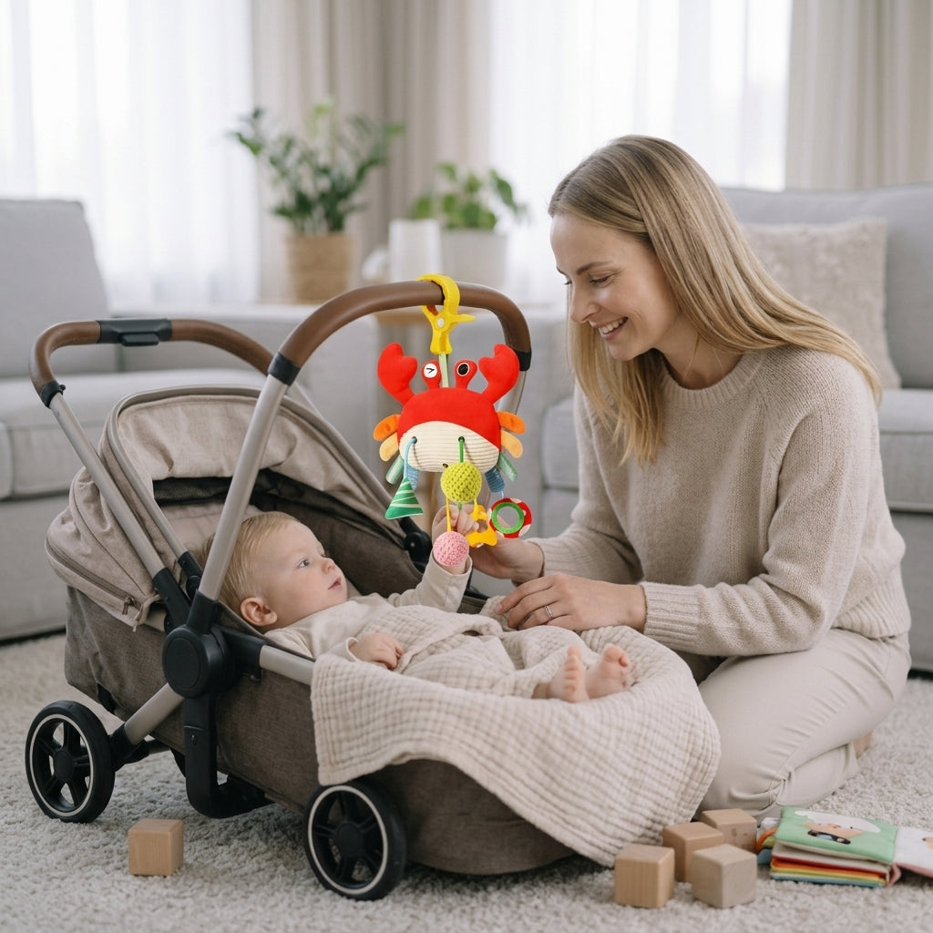 Baby in de kinderwagen speelt met een zacht hangspeeltje