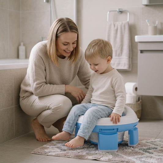 Peuter oefent op een potje terwijl moeder ernaast hurkt in de badkamer