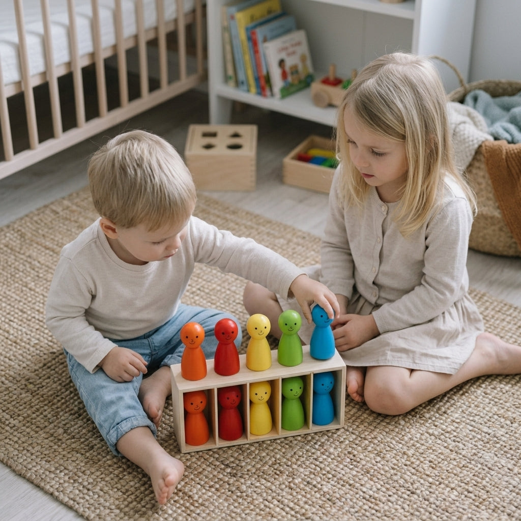 Twee kinderen sorteren houten montessori-poppetjes op kleur