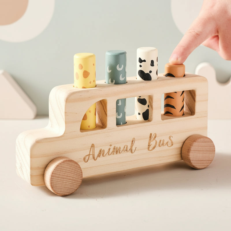 PressBus – Montessori & Leerzaam – Houten Druk Speelbus