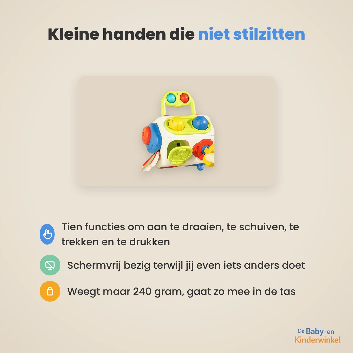 BusyCube™: Montessori activiteitenkubus die kleine handen schermvrij bezighoudt (vanaf 1 jaar)