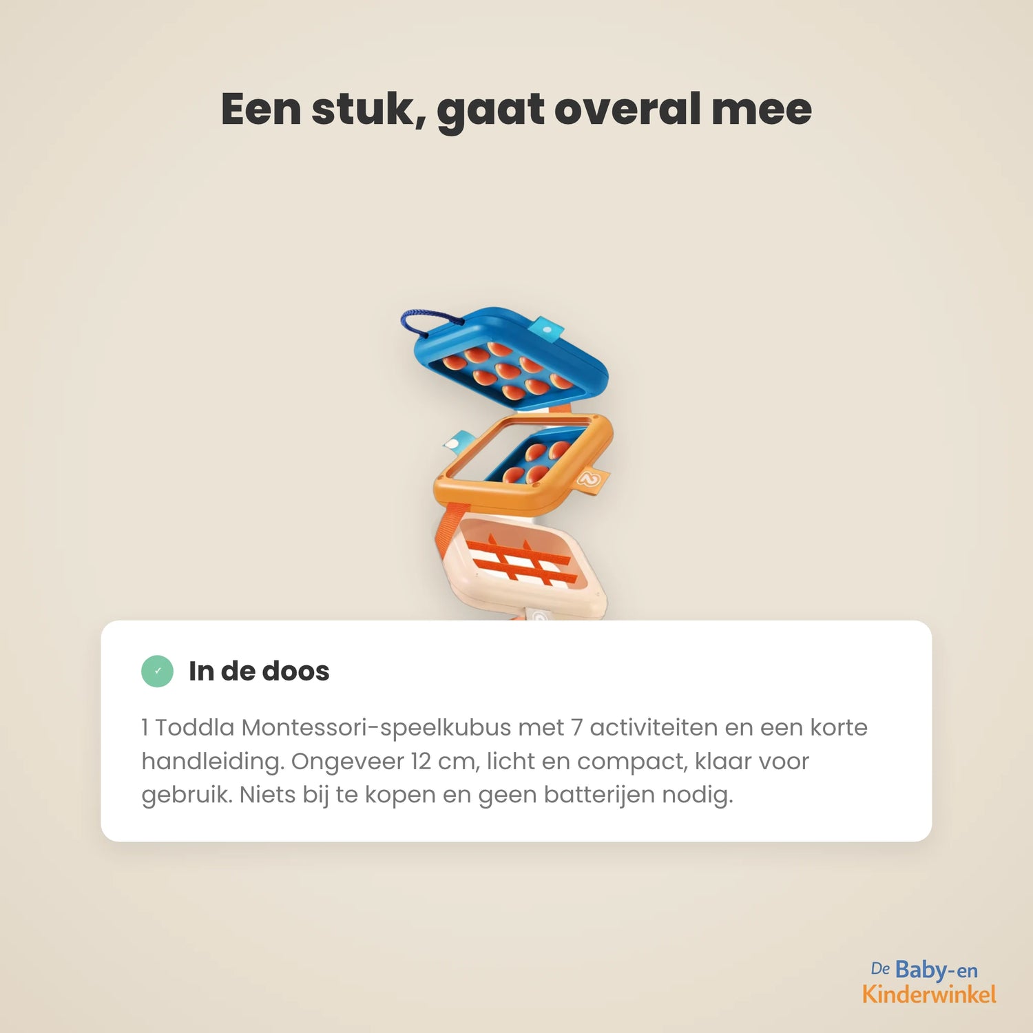Toddla Montessori Speelkubus inhoud en formaat