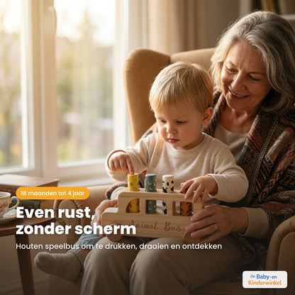 PressBus™ Houten Montessori Speelbus, drukken en draaien zonder scherm (18 maanden tot 4 jaar)