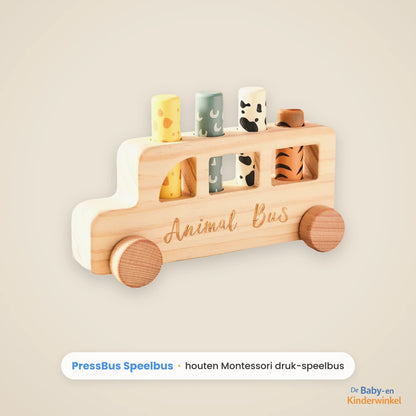 PressBus™ Houten Montessori Speelbus, drukken en draaien zonder scherm (18 maanden tot 4 jaar)