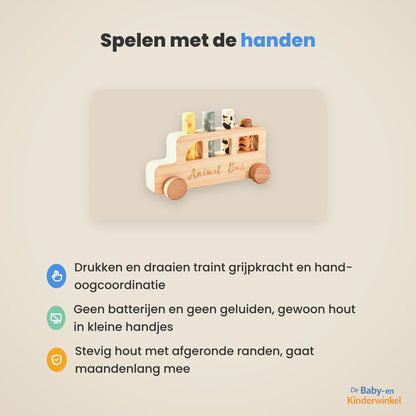 PressBus™ Houten Montessori Speelbus, drukken en draaien zonder scherm (18 maanden tot 4 jaar)