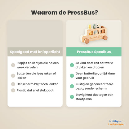 PressBus™ Houten Montessori Speelbus, drukken en draaien zonder scherm (18 maanden tot 4 jaar)